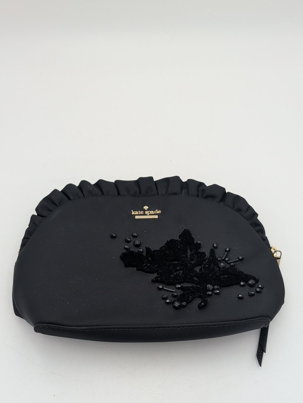 Kate Spade New York Mini Bag Marcy Dawn Place Black Velvet Ruffle Top Zip Clutch